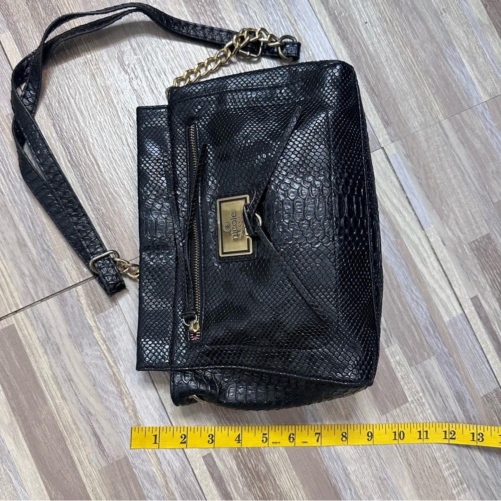 Nicole Miller Black Faux-Snake Shoulder Bag with Gold Accents - Picture 6 of 13